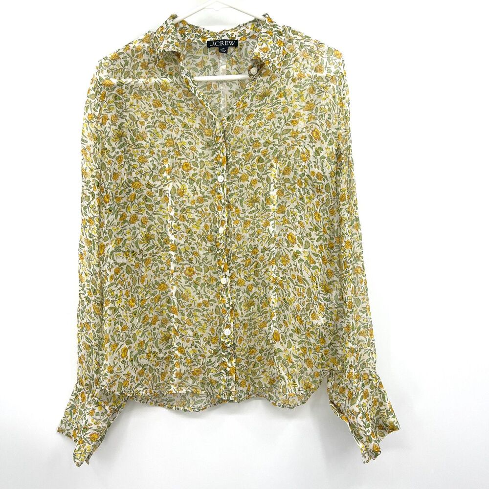 J.Crew Womens Size 10 Floral Sheer Cupro Button Down Shirt Blouse Yellow Green